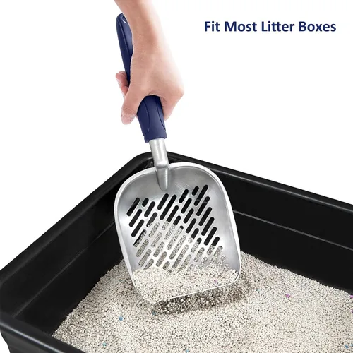 Vista 5 de WePet Cuchara de arena para gatos, tamiz de aleación de aluminio, pala de metal para gatitos, pala profunda con orificio diagonal, mango largo