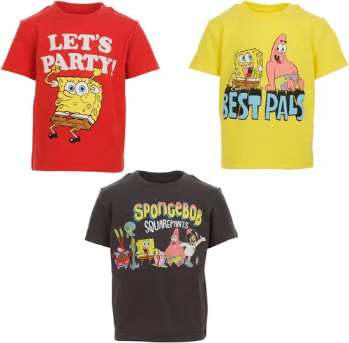 Nickelodeon Paquete de 3 camisetas gráficas de manga corta con estampado de Bob Esponja, Amarillo, turquesa, rosa