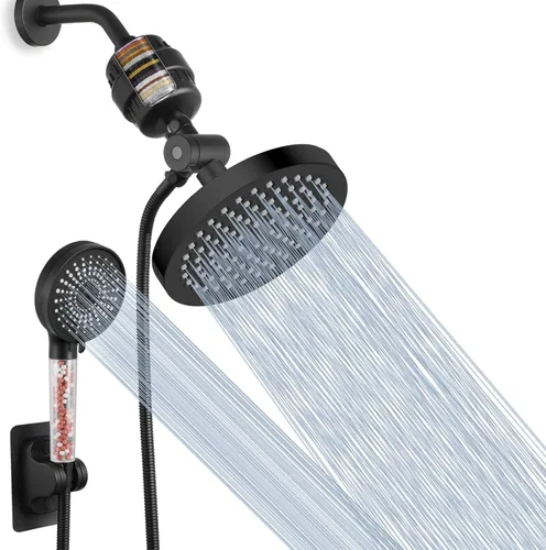 Vista 8 de Voolan Juego de cabezal de ducha filtrado, ducha de lluvia de alta presión con cabezal de ducha de mano, soporte autoadhesivo/manguera de 59