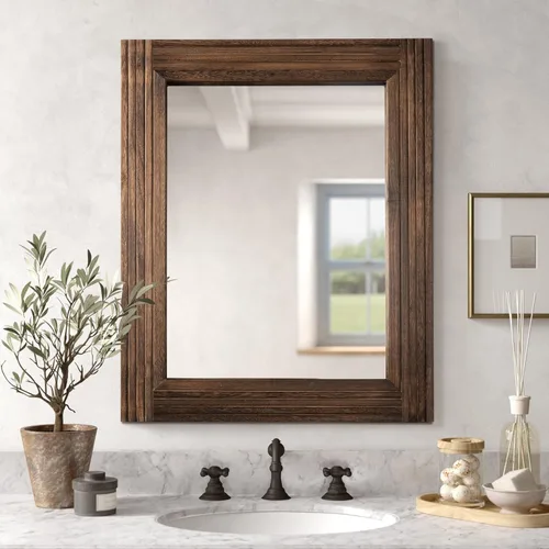 Vista 10 de YOSHOOT - Espejo de pared de madera empalmada hecha a mano para baño, espejo de tocador rústico estilo granja, arte de pared de decoración, marco