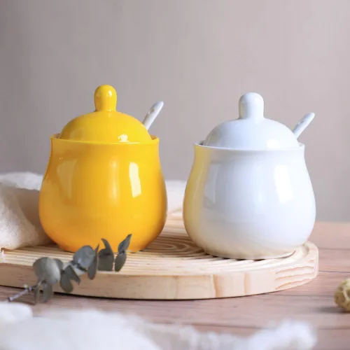 Vista 7 de FUYU Tarro de cerámica para especias con tapa y cuchara, caja de condimentos para condimentos