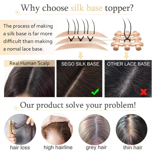Vista 7 de SEGO Toppers de cabello humano para mujeres con cabello adelgazante, base de seda de 7 * 13CM (2.8 x 5.1 in), 100% cabello humano real, postizos