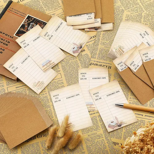 Vista 4 de Roowest Paquete de 120 bolsillos para tarjetas vintage de biblioteca, autoadhesivas, tarjetas de índice de pago de biblioteca, tarjeta de fecha