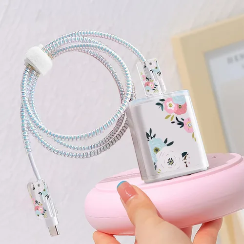 Vista 6 de CameCosy Lindos protectores de cable para cargador de iPhone, elegante patrón de flores blancas, cargador de cable de datos, línea de datos