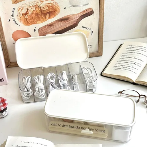 Vista 5 de RayHenry Caja organizadora de cables apilable de 2 piezas, caja de gestión de cables de escritorio para cargadores, joyas, lazos para el cabello