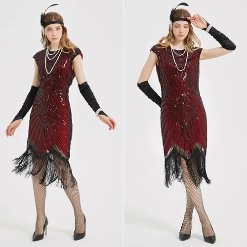 Vista 6 de WILDPARTY Vestido de cóctel con flecos y encaje vintage de los años 20 para mujer, estilo Gatsby, con encaje, con flecos, conjunto de accesorios