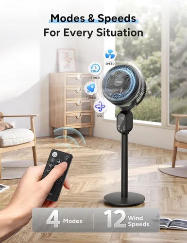 Vista 3 de GRIDR Ventilador para dormitorio, ventiladores de pedestal oscilantes inteligentes de 90° + 90°, ventiladores de pie para el hogar, 12 velocidades