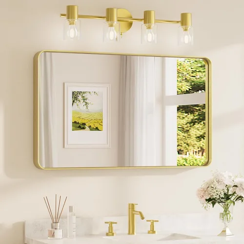 Vista 90 de TETOTE Espejo de marco dorado cepillado de 16 x 24 pulgadas, espejo de tocador de baño de latón dorado para pared, espejo enmarcado rectangular