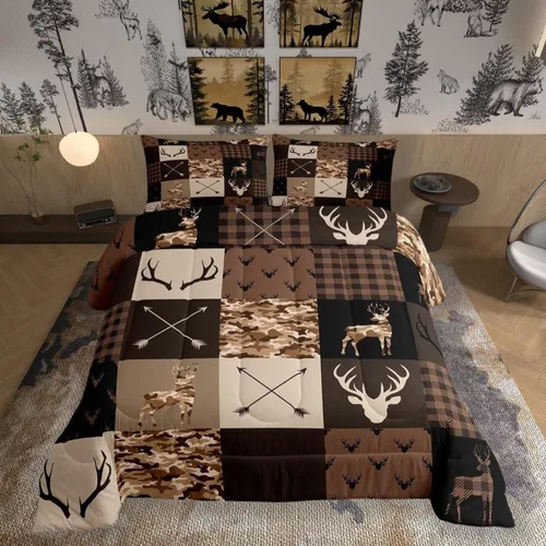 Vista 82 de Manfei Juego de Edredón de Siluetas de Animales con Astas de Ciervo Tamaño Full, Juego de Ropa de Cama de Camuflaje con Cuadros Geométricos de 3