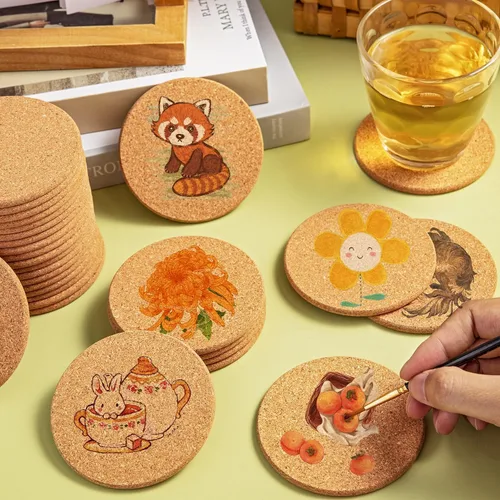 Vista 4 de Posavasos de corcho a granel para bebidas, 40 posavasos reutilizables de borde redondo, 3.5 pulgadas de grosor, absorbentes, resistentes al calor