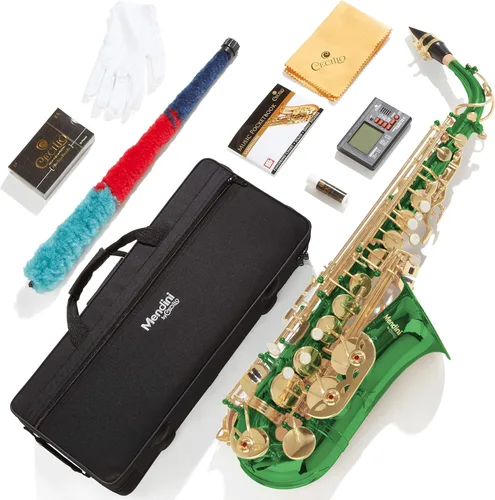 Vista 15 de Saxofón alto Mendini por Cecilio Eb con sintonizador, boquilla y funda, 10 lengúetas y libro de bolsillo., Nickel