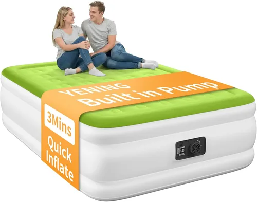Vista 9 de YENING Colchón de aire tamaño completo con bomba incorporada, cama elevada doble inflable, cama de aire hinchable para camping eléctrico de 18 Beige