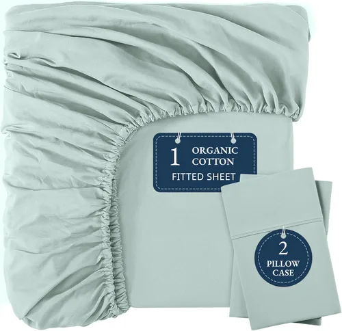 Vista 15 de LANE LINEN - Sábana bajera 100% de algodón orgánico, tamaño Queen, 2 fundas de almohada, tejido percal suave, transpirable, apta para colchones