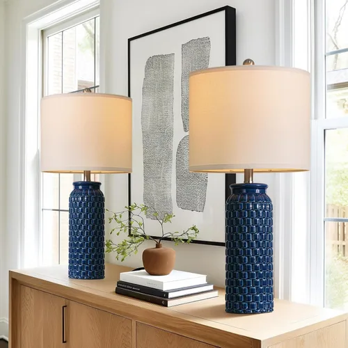 Vista 25 de USumkky - Juego de 2 lámparas de mesita de noche de cerámica moderna dorada de 20.5" para decoración de dormitorio, lámpara de mesa de estilo granja