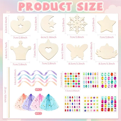 Vista 3 de Kit de 34 varitas de princesa, 16 estrellas sin terminar, corona de mariposa, luna, hada, palillo de madera, 6 calcomanías de gemas, 4 cintas