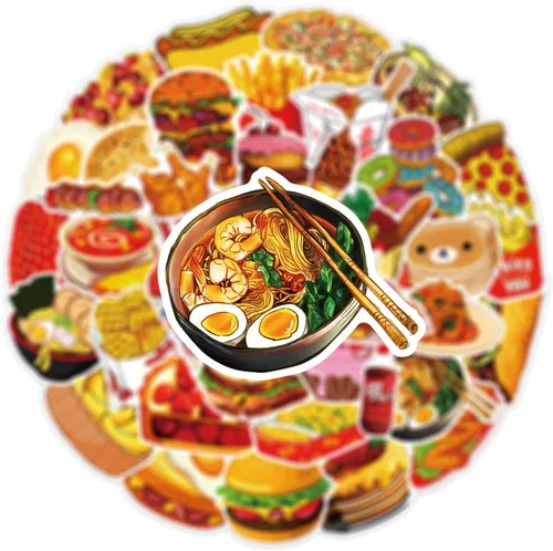 Vista 5 de Calcomanías de comida, 50 unidades, lindas calcomanías de comida rápida, chips de hamburguesa, deliciosas calcomanías estéticas impermeables