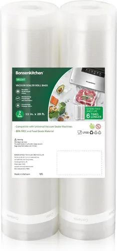 Vista 15 de Bolsas de sellado al vacío Bonsenkitchen, 6 paquetes de 3 rollos de 27,94 cm x 6,10 m + 3 rollos de 20,32 cm x 6,10 m, rollos de bolsas de grado