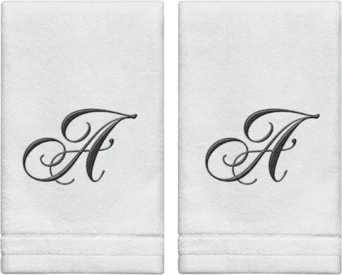 Toallas de dedo personalizadas con inicial - Paquete de 2, 11x18 - Bordado negro en toalla blanca, toallas modernas con monograma, gran regalo