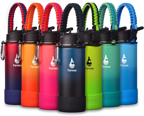 Vista 56 de Botella de agua Farsea aislada con asa de paracord, protector y 2 tapas (tapa de pajita y tapa de boquilla), de acero inoxidable, boca ancha, doble
