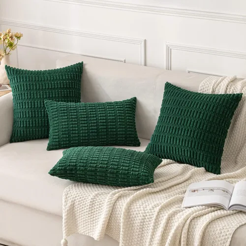 Vista 2 de MIULEE - Juego de 2 fundas decorativas de pana suave para cojín; diseño a rayas estilo bohemio, moderno, rural; decoración p/el hogar, sala de Verde