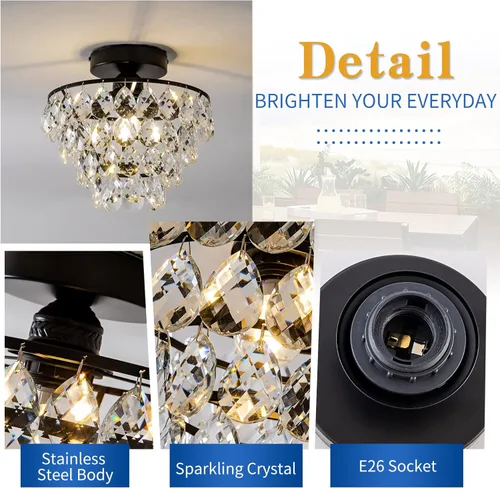 Vista 3 de CM MZY Lámpara de techo moderna de cristal pequeña, lámpara de techo semiempotrada color negro mate, mini candelabros de cristal para pasillo