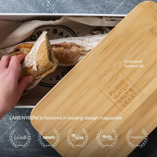 Vista 6 de LARS NYSØM Caja de pan I Caja de metal con bolsa de lino para una frescura duradera I Panera con tapa de bambú utilizable como tabla de cortar I