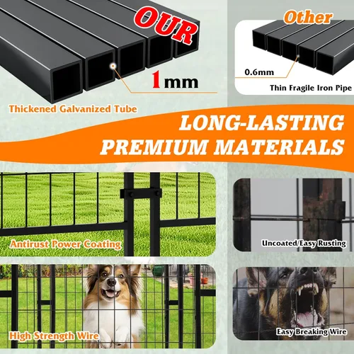 Vista 5 de Perrera grande para perros de 8 x 4 x 6 pies con techo, corral de acero soldado resistente al aire libre con cuencos giratorios, jaula para perros