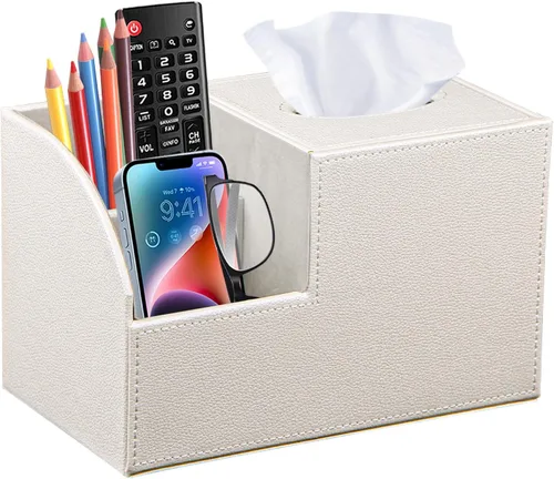 Vista 8 de Funda cuadrada de cuero PU para caja de pañuelos – Soporte multifuncional para caja de pañuelos, cubierta de caja de pañuelos con almacenamiento