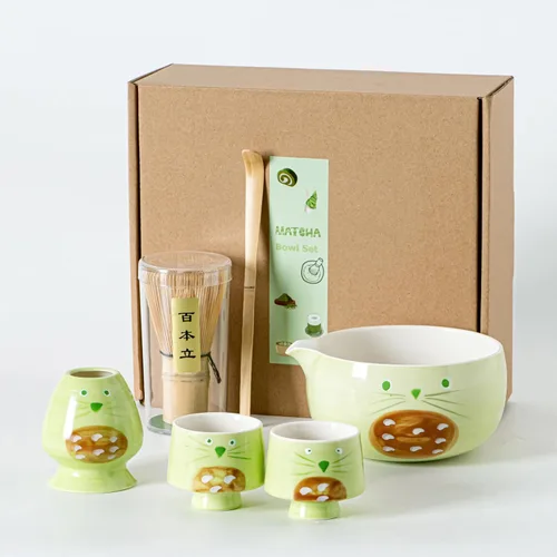 Vista 14 de Juego de té Matcha único para gatos, cuenco de matcha con boquilla, 2 tazas, batidor de bambú, soporte y cuchara, juego de 6 piezas de matcha