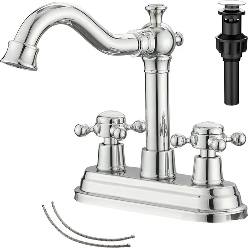 Vista 22 de Grifo de Baño GGStudy de Latón Antiguo de 2 Manijas de 4 Pulgadas Grifo Central de Tocador de Baño con Conjunto de Drenaje y Manguera de Suministro