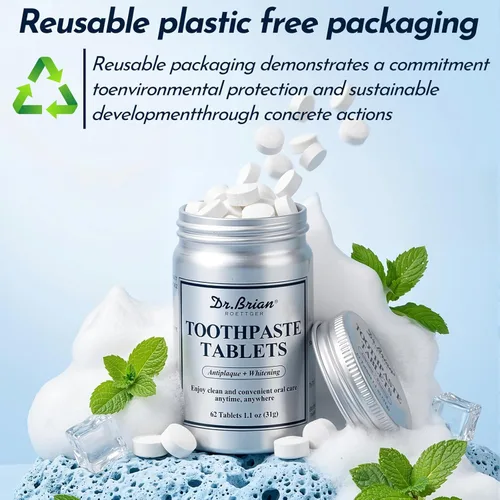 Vista 7 de Dr.Brian - Tabletas de pasta de dientes nano hidroxiapatita, sin flúor y plástico, tableta masticable ecológica y apta para viajes, pastillas