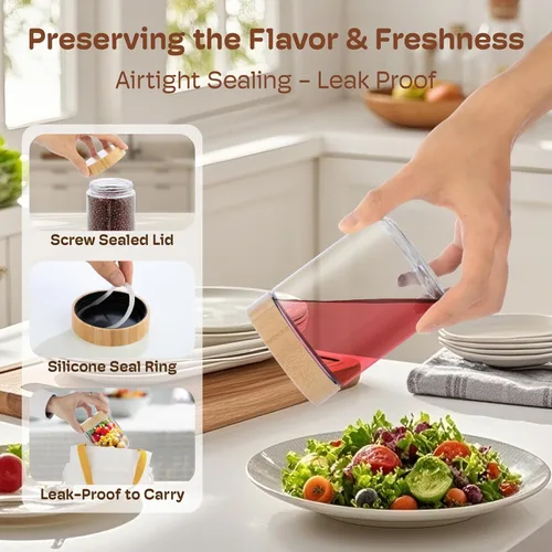 Vista 3 de Paquete de 6 recipientes de avena de 10 onzas con tapas de bambú, tarros de vidrio con tapas herméticas para preparación de comidas, tarros