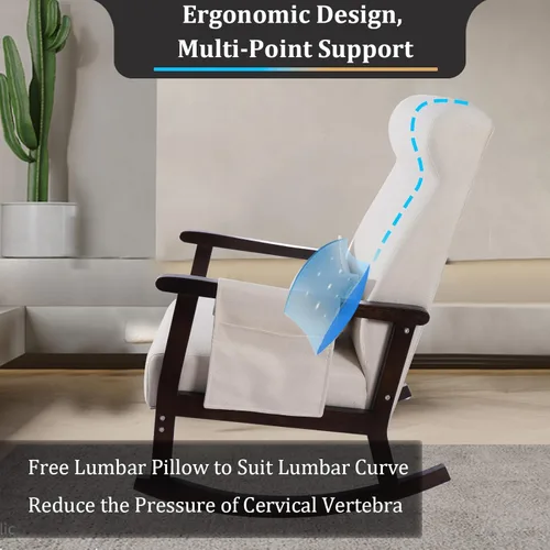 Vista 20 de NOBLEMOOD Mecedora tapizada con otomana, moderna silla mecedora para habitación del bebé, sillón de madera maciza con respaldo alto con asiento