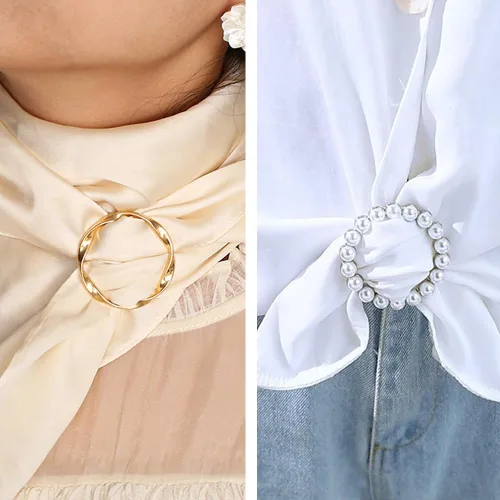 Vista 5 de 4 piezas de clip de anillo de bufanda, clips de corbatas para camiseta, botón anudado de esquina para mujer, hebilla de clip redondo de metal