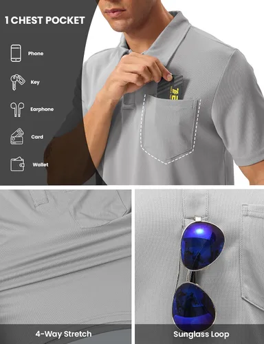Vista 4 de BGOWATU Polo de golf para hombre, manga corta, cuello para tenis al aire libre Gris claro