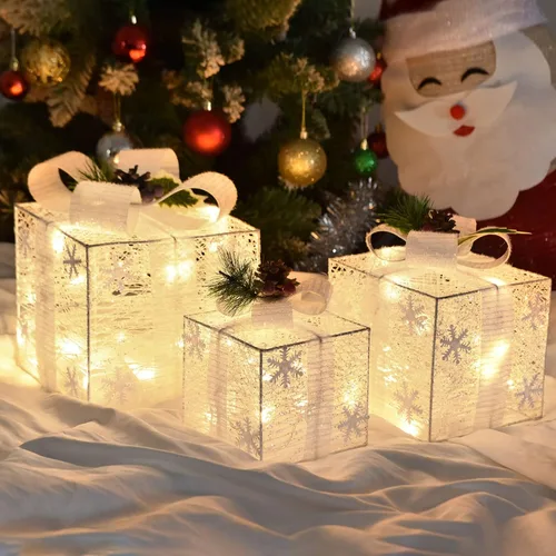 Vista 9 de Juego de 3 cajas de regalo iluminadas de Navidad, cajas de regalo de Navidad a pilas, LED blanco cálido con lazos para árbol de Navidad