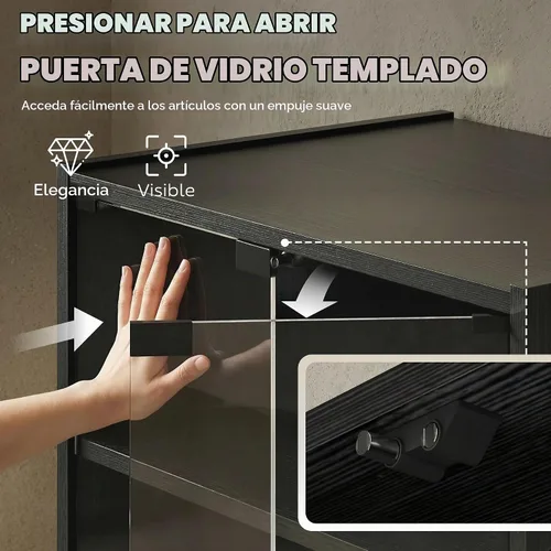 Vista 5 de HOMCOM Media Cabinet - Gabinete estéreo de 4 niveles con puerta de cristal Negro (Distressed Black)