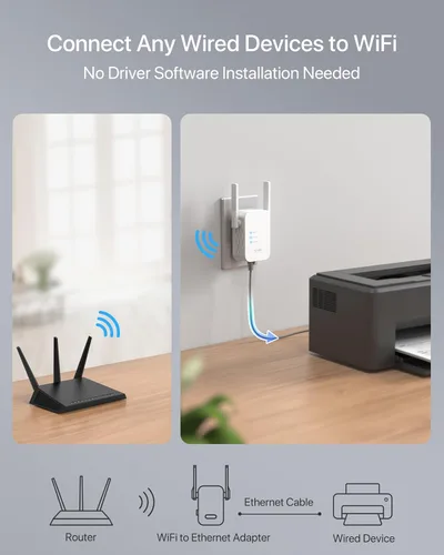Vista 2 de Adaptador universal WiFi a Ethernet AC1200Mbps, compatible con funcionalidad de desactivación WiFi extendida, puente inalámbrico 2.4G/5G con puerto