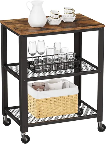Vista 10 de VASAGLE Estante de cocina con ruedas, carrito de servicio de 23.6 pulgadas con 3 estantes, carrito de cocina, estante de microondas, para mini
