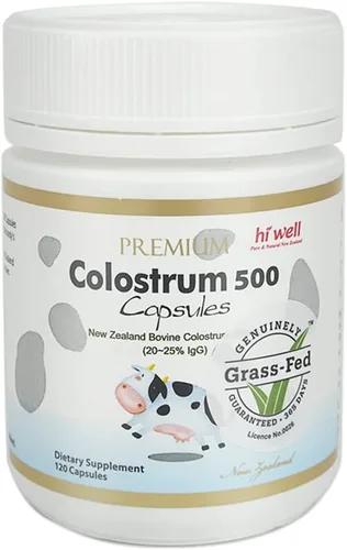 Hi Well Premium 100% puro calostro bovino alimentado con pasto de Nueva Zelanda 500 120 cápsulas