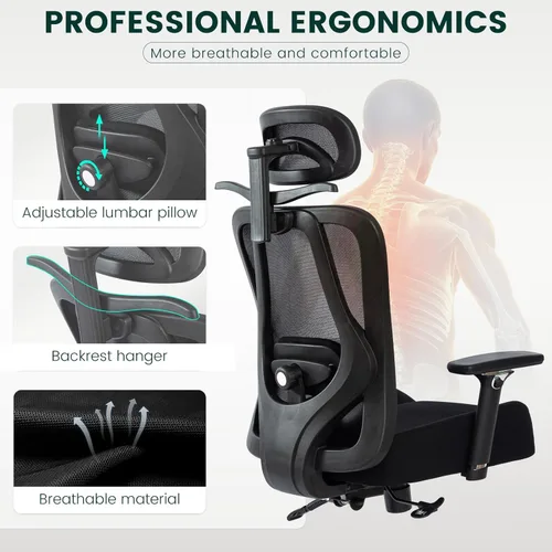 Vista 2 de Silla de oficina ergonómica resistente, capacidad de 500 libras, respaldo de malla, marco de aleación de aluminio, estilo moderno, negro