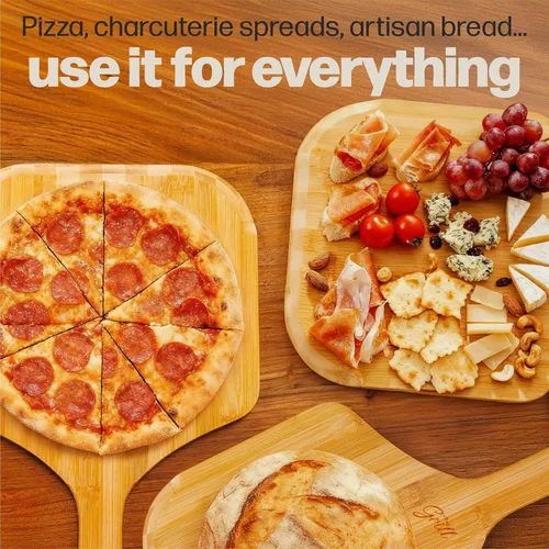 Vista 9 de HANS GRILL Pala de madera para pizza de 12 pulgadas, pala de madera de bambú, paleta de 12 pulgadas para horno, paleta de bambú natural de grado