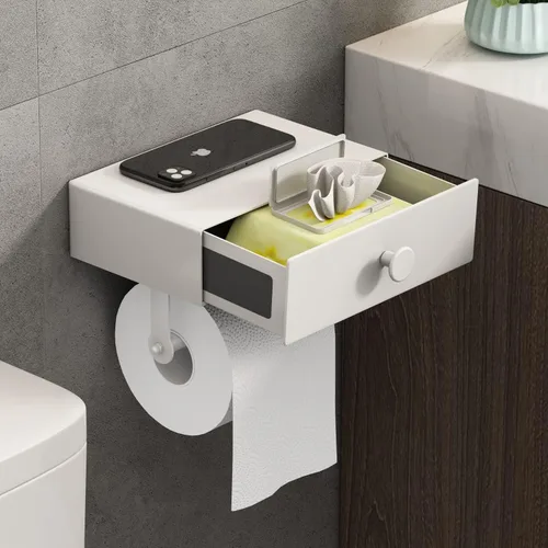 Vista 14 de VOLDRA Soporte de papel higiénico con estante para teléfono, soporte de papel higiénico autoadhesivo o con tornillos, soporte de rollos de papel
