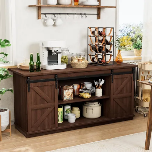 Vista 21 de Shahoo Aparador de estilo rústico para bufé, almacenamiento de barra de café con puertas corredizas de granero, estante para el comedor del hogar