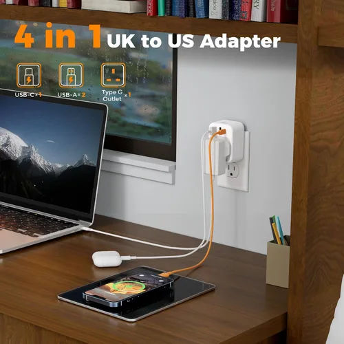 Vista 3 de TESSAN - Adaptador de viaje de Reino Unido a EE. UU. con salida de CA 3 USB (1 USB C)