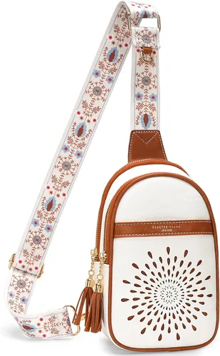 APHISON Riñoneras pequeñas para teléfono celular, bolso cruzado de cuero vegano para mujer, bolsa de pecho con correa ajustable, 01-blanco-marrón,