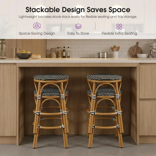 Vista 5 de PURPLE LEAF Patio French Round 26" Counter Stool Set of 2 Large Rattan Backless Stackable Barstools Bamboo Print Aluminum Frame Footrest with Woven