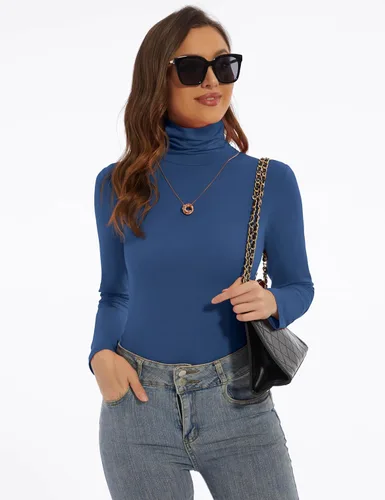 Vista 4 de DSPSAM Camisas de manga larga con cuello alto para mujer, ajustadas, ligeras, capa base, tops casuales