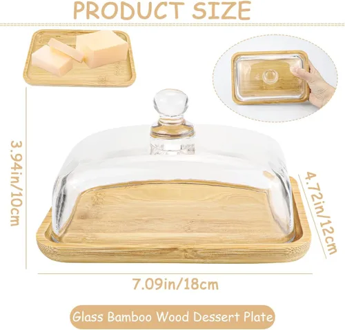 Vista 2 de Mantequera de cristal transparente con tapa, recipiente para mantequilla, queso crema y pastel de postre (bambú)
