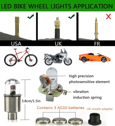 Vista 2 de Paquete de 8 luces LED para neumáticos de automóvil, luces LED para rueda de bicicleta, camión, carrito de golf, montaje de rueda, tapa de válvula